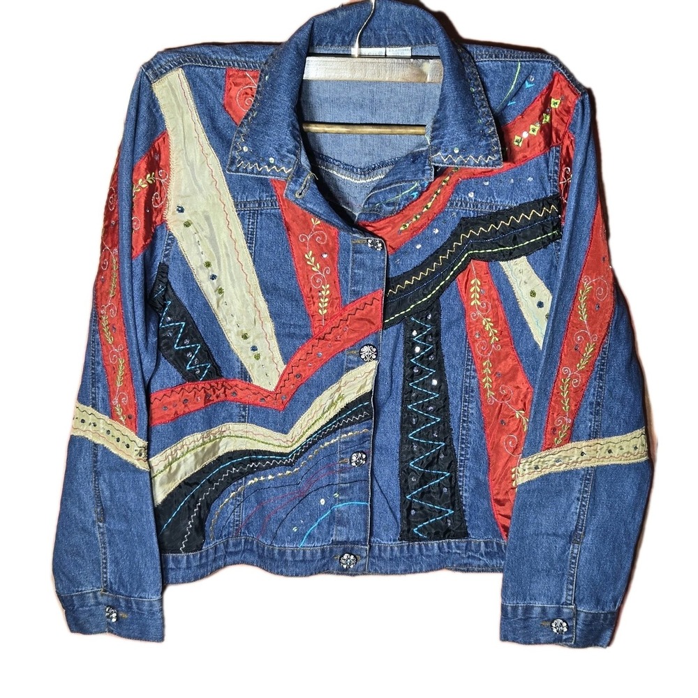 Bleu Bayou Womens Grannycore Jacket Casual Denim Jacket Coat Patchwork‎ Size XL
